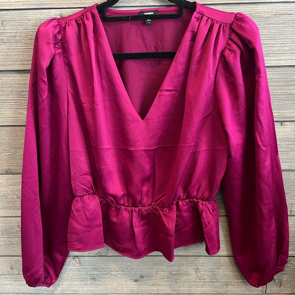 Express Fuchsia V-Neck Long Sleeve Peplum Blouse